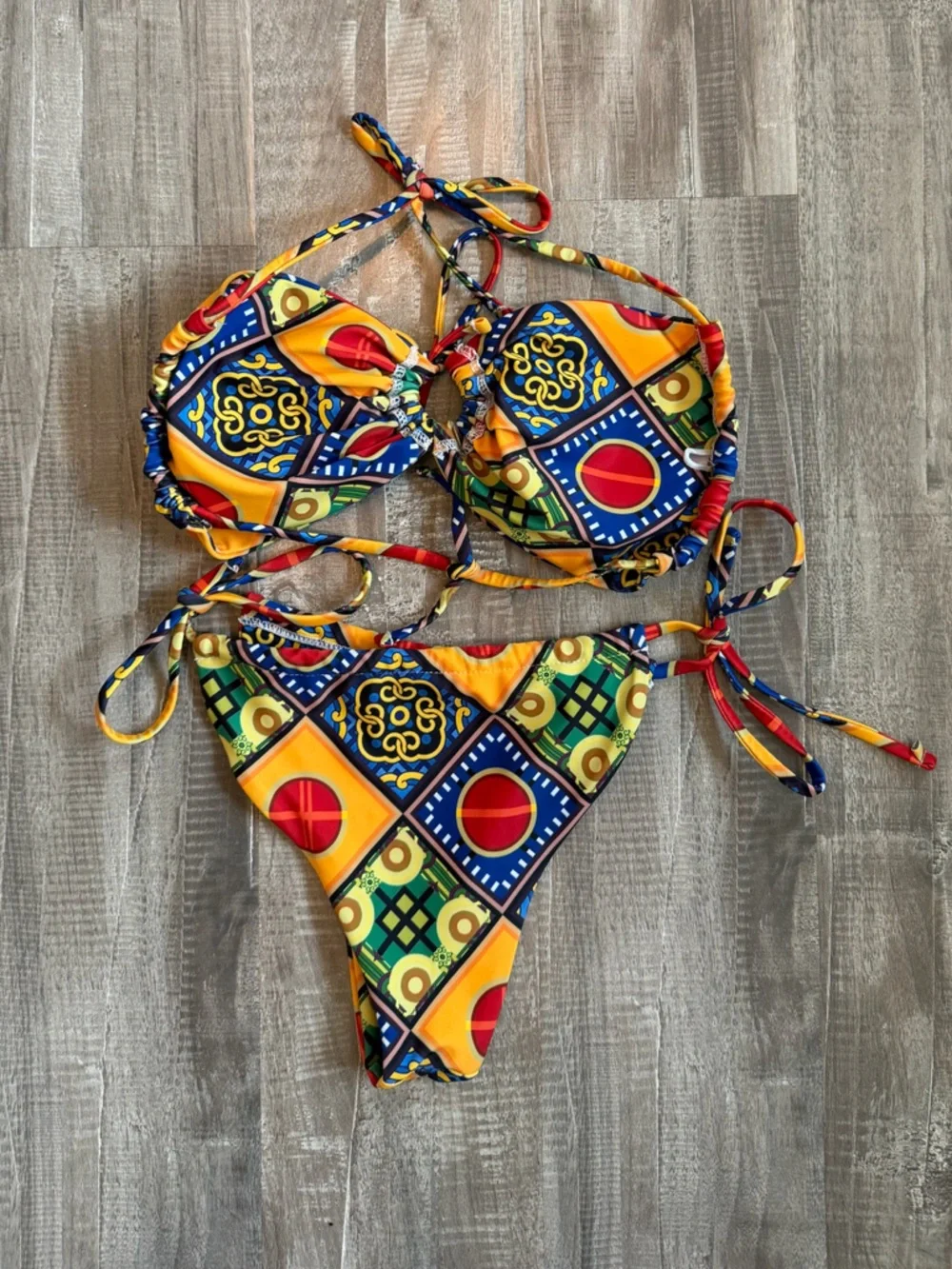 Vibrant Geometric Print Tie Bikini - Yellow, Blue, Red